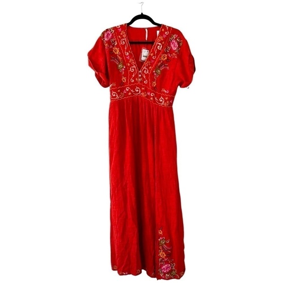 NWT FREE PEOPLE Maisley Embroidered Boho Maxi Dress Burnt Orange Small - Picture 2 of 10